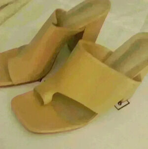 Shein summer beach evening  beige block slip on square toe sandal heel 10